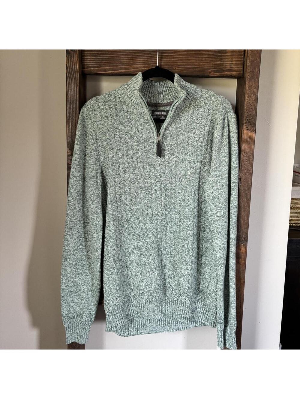 Commerce Green & White Knit Quarter Zip Sweater